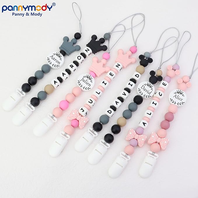 Personalized Pacifier Clip with Name, Customizable Pacifier Clip (2 Pack) (Crown-Pink)