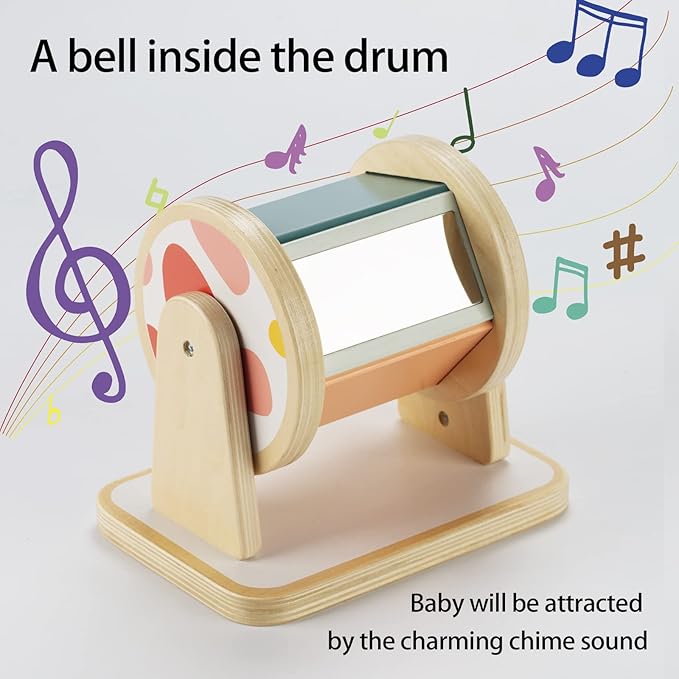 Montessori Spinning Drum, Montessori Toys for Babies 6-12 Months, Montisory Baby Toys for 1 Year Old Infant, Wooden Toy for Baby