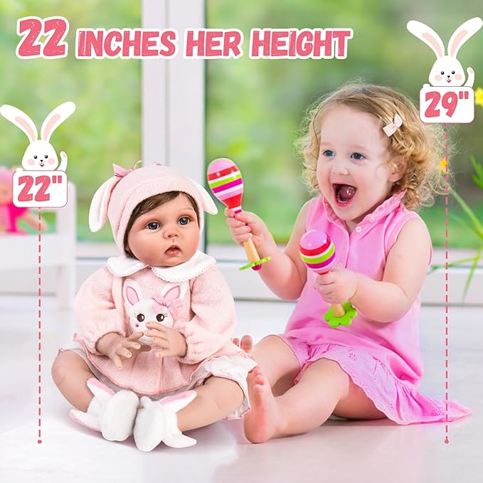 Aori Lifelike Reborn Baby Dolls - 22 Inch Realistic Newborn Baby Girl - Soft Vinyl Reborn Toddler with Feeding Set & Bunny Outfit Real Life Baby Doll for Kids 3+, Toddlers & Collectors