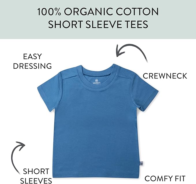 HonestBaby Unisex-Baby 5-Pack Short Sleeve T-Shirts 100% Organic Cotton Baby, Toddler, Little Kid, Boy, Girl, Unisex