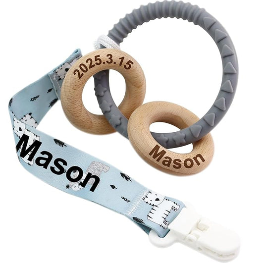 Personalized Baby Rattle and Teether Ring Toy for Boys and Girls Gift,Custom Name Rattle Toy Newborn Teether Ring (Grey)