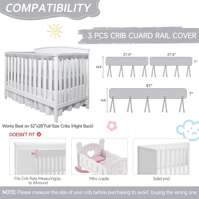 Gray 3pcs New Teething Edge Crib Rail Cover&Corner Guard Coverage Straps,Reversible Guardrail Cover Protector for Boys Girls(1 Long 2 Short)