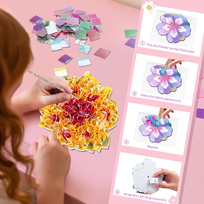 DIY Flower Bouquet Craft Kits, Poke in Art Arts and Crafts for Kids Girls Boys 4 5 6 7 8 9 10 11 12 Years Old Great Birthday Christmas Gifts 6 Flowers with LED Lights