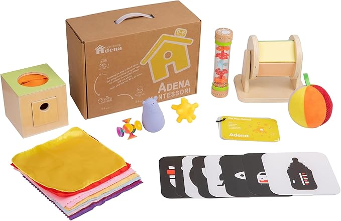 Adena Montessori Play Kit for 0-6 Month Baby,9 in 1 Learning Kit Includ Black&White Card,Rainmake Rattle,Sensory Ball,Tummy Time Wobbler,Tissue Box,Tissue,Rainbow Ball,Rainbow Drum,Suction Cup Spinner
