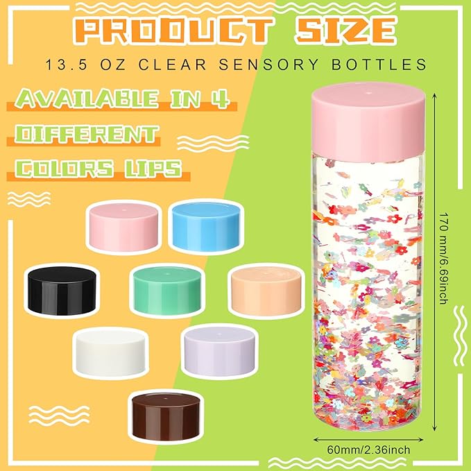 Hoolerry 16 Pcs Empty Plastic Sensory Bottles with Lids Reusable Clear Plastic Sensory Water Bottles for DIY Crafts Classroom Handmade Party Decoration(Multi Colors,13.5 oz)