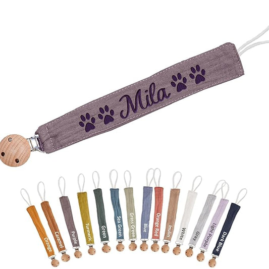 Custom Boho Pacifier Clip Holder with Embroidered Name – A Perfect Personalized Baby Baptism Gifts in Eco-Friendly Bamboo! (Purple)