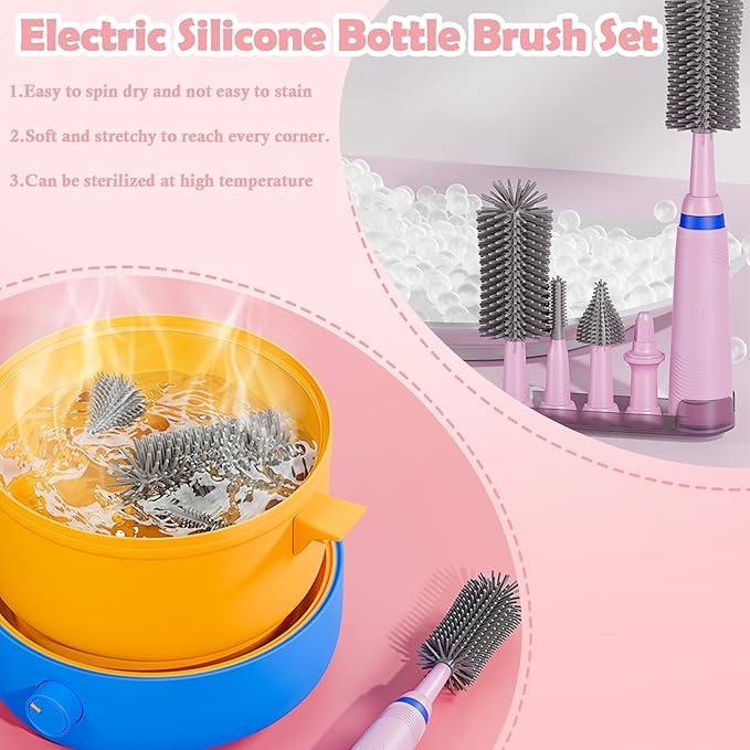Electric Bottle Brush with Stand and Extendable Handle,Silicone Bottle Brush Set with Water Bottle/Nipple/Straw Brush,Easy-Grip Silicone Handle,Waterproof/Rechargeable Brush, Pink