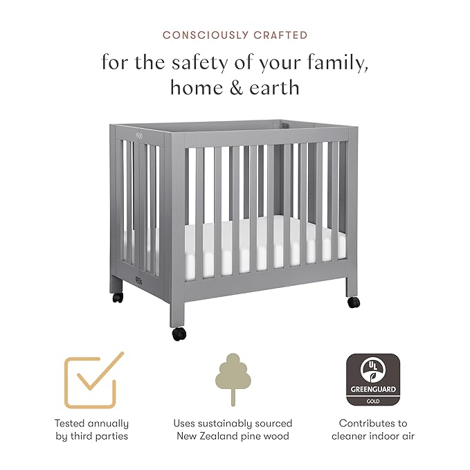 Babyletto Origami Mini Portable Folding Crib with Wheels in Grey, 2 Adjustable Mattress Positions, Greenguard Gold Certified