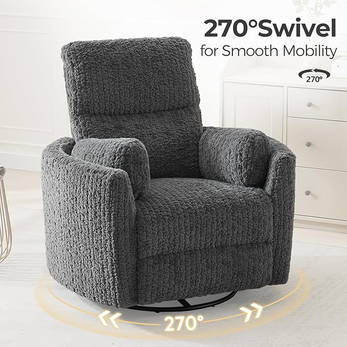 Power Swivel Glider Rocking Recliner Nursery Chair with 2 Pillows, Electric Rocker Reclining Chairs with Type-C & USB Charger Port for Living Room, High Back Barrel Armchair for Bedroom, Grey