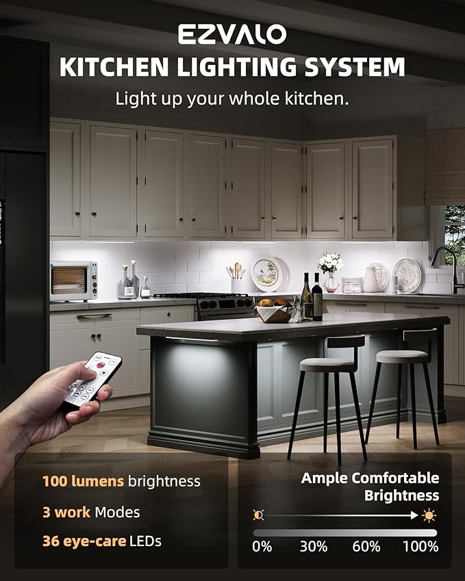 EZVALO Under Cabinet Lights, LED Closet Lights Wireless USB Charging, Motion Sensor Lighting Indoor 5700K dimmable with Remote Control (White) 3 Pack