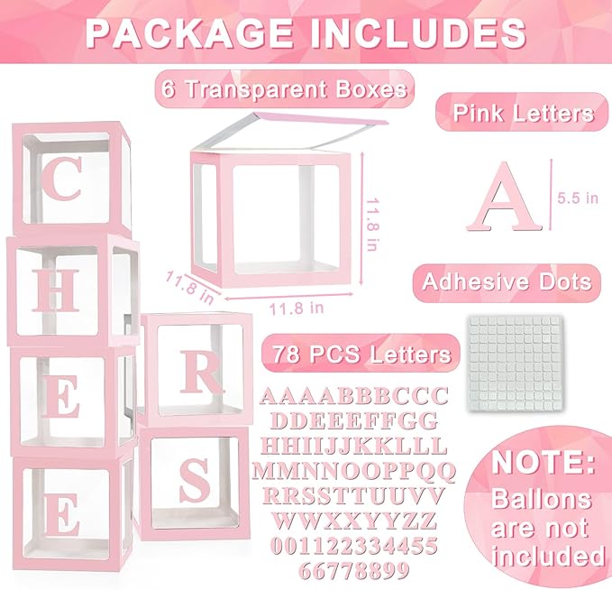 Ledido Transparent Balloon Boxes With 78 Letters, Pink Baby Boxes with Letters for Baby Shower Clear Letter Boxes for Party Wedding Birthday Baby Shower Decorations 6 PCS
