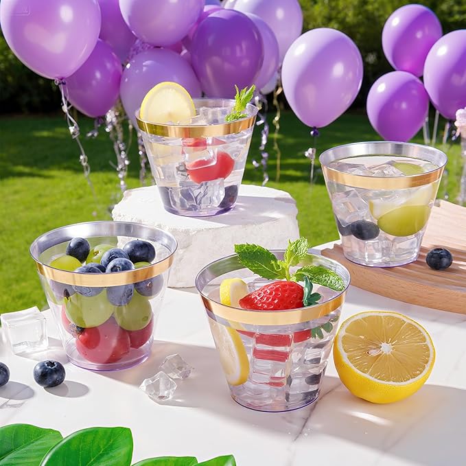 supernal 100 Pack Purple Plastic Cups, 9 Oz Clear Purple Disposable Cups with Gold Rimmed - Plastic Wine/Cocktail Glasses, Disposable Bridal/Shower Baby Shower Cup Perfect for Party & Wedding
