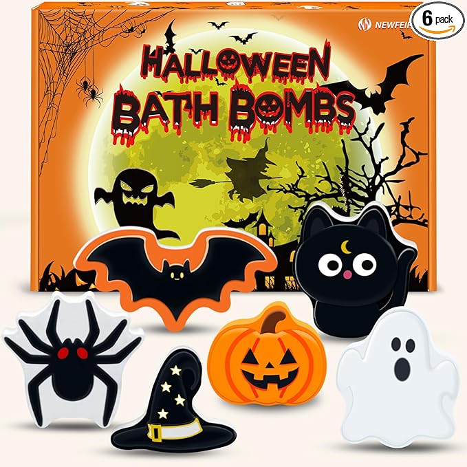 Halloween Bath Bombs Set for Kids, Boo Basket Stuffers for Women, Boys & Girls Spooky Celebration Gift, Handmade 6 Fun Shapes Hallowen Trick o Treat Party Favors for Kids