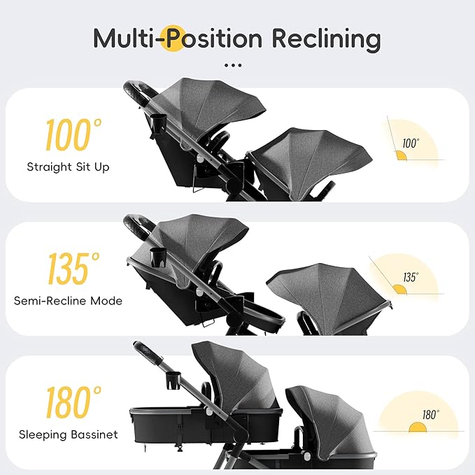MU Double Stroller, Foldable Twin Tandem Stroller with Adjustable Backrest, Reversible Seat, 5-Point Harness, Storage Basket, Convertible Baby Bassinet for Infant and Toddler, Gray