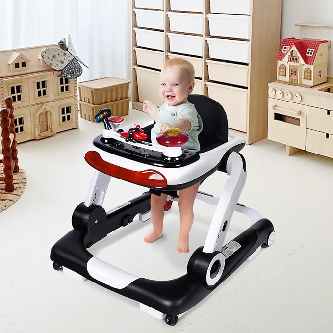 Kinder King Baby Walker with Music & Lights, 5 in 1 Baby Bouncer Activity Walker, Adjustable Height & Seat, Learning-Seated & Toddler Walk-Behind, Safety Bumper, Infant Walker Anti-Rollover, Black