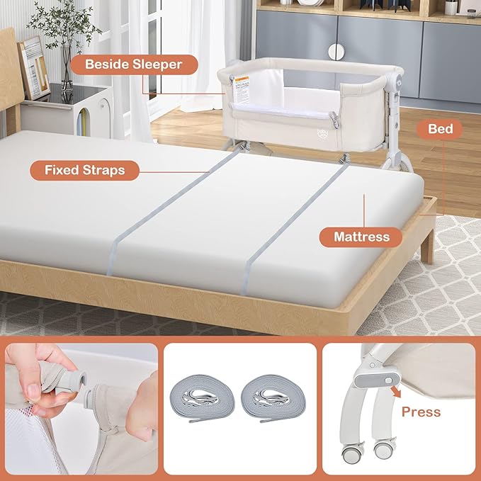 BABY JOY Baby Bassinet, 3-in-1 Rocking Bassinet w/Storage Basket, Double-Lock Design, 7 Adjustable Heights, Soft Mattress & Portable Travel Bag, Bassinet Bedside Sleeper for Newborns Infants (Beige)