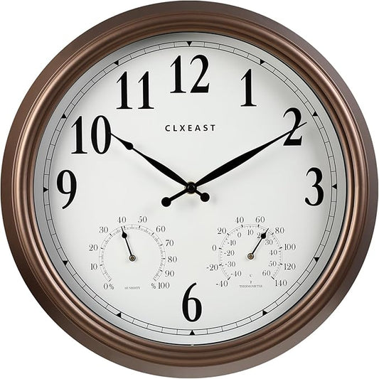 CLXEAST Indoor Outdoor Clocks Waterproof 16 Inch, Large Outdoor Clock Thermometer Combo& Hygrometer,Bronze/Dark Brown Finish,House Warming Gifts New Home