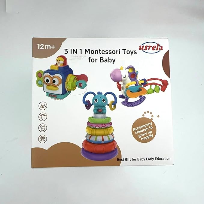 Baby Toys for 1+ Year Old, Busy Board Sensory Toys for Toddlers 1-3, Baby Toy for 12-18 Months, Pull String Teether, Stacking Blocks, 3 in 1 Travel Toy Gifts for 1 2 3 Year Old Boy Girl
