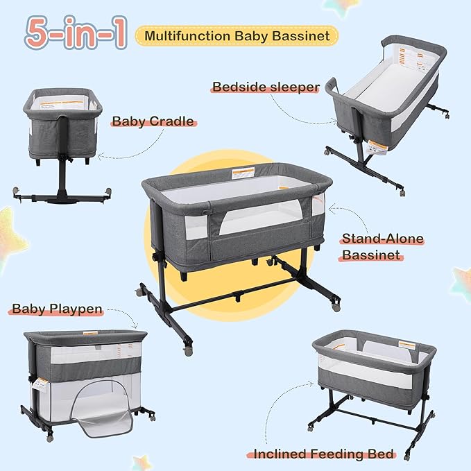 Xilingol 5 in 1 Baby Bassinet Bedside Sleeper, Portable Pack and Play with Carrying Bag, Playpen and Rocking Cradle, Easy Folding Crib for Newborn Baby, Grey