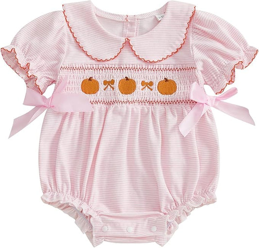 Baby Girl Halloween Outfit Newborn Pumpkin Romper Short Sleeve Onesie Infant Jumpsuit Smocked Baby Girl Clothes