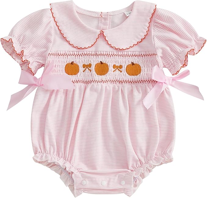 Baby Girl Halloween Outfit Newborn Pumpkin Romper Short Sleeve Onesie Infant Jumpsuit Smocked Baby Girl Clothes