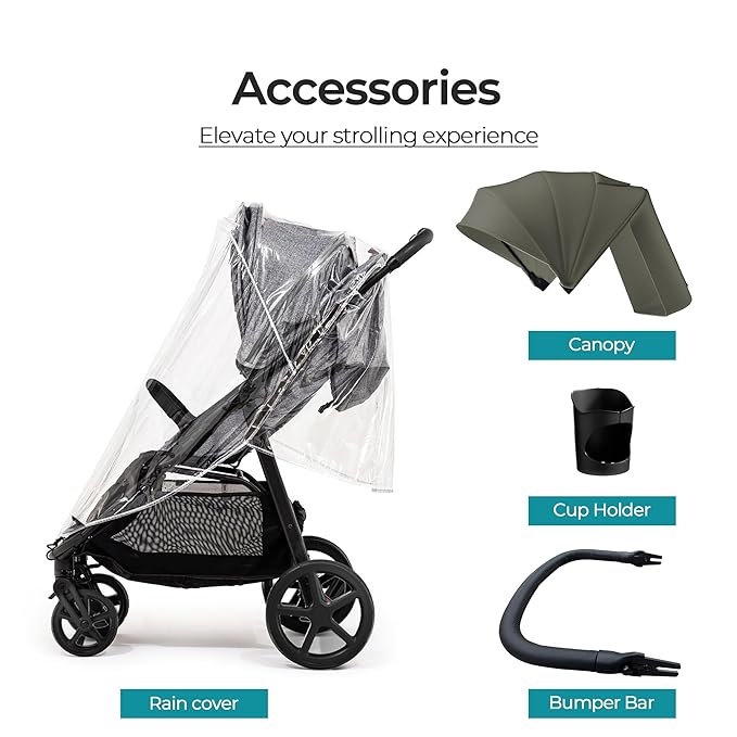 Mompush Nova Baby Stroller for Toddler, Infant & Newborn | Spacious Seat & Lie-Flat Mode | Compact One-Hand Fold, UPF 50+ Canopy & All-Wheel Suspension | Includes Rain Cover & Cup Holder, Green