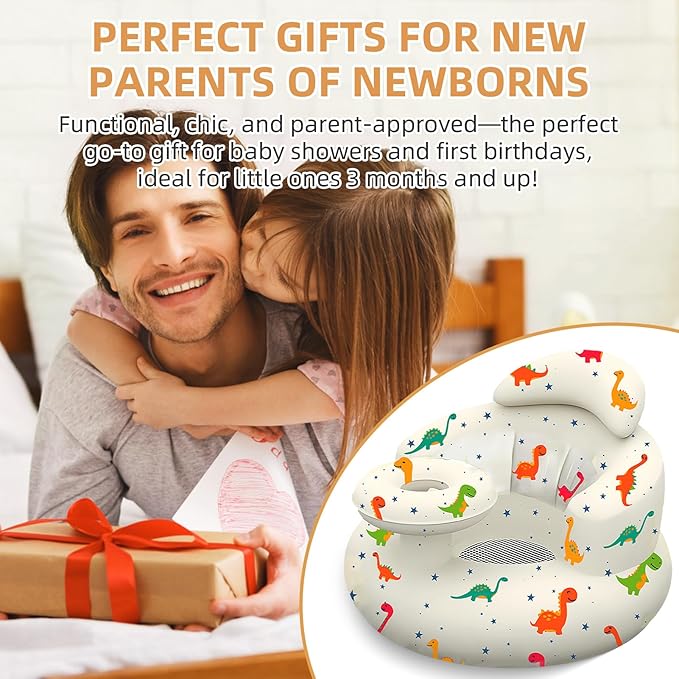 Inflatable Baby Seat with Tray, Blow up Infant Chair for Babies 3 Months and up, Comfortable Baby Floor Seats for Sitting Up, Built in Air Pump with Back Support Toddler Waterproof Sofa (Dinosaur)