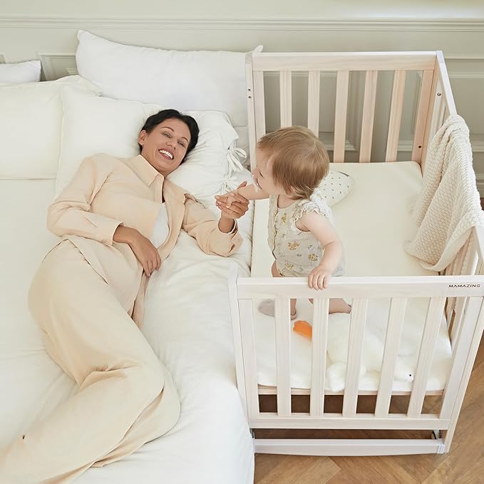 EvoNest Baby Crib, 11 in 1 Convertible Crib with Wheels, 100% New Zealand Wood Growing Bed, 4 Adjustable Mattress Height,Washed Natural
