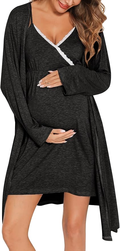 SWOMOG Womens Maternity Robe 2 Piece Nursing Nightgown for Breastfeeding 3 in 1 Labor Delivery Nursing Dress Lace Bathrobe