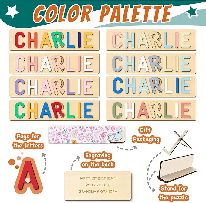 Name Puzzle for Kids Personalized, First Birthday for Baby Boy Girl, Wooden Animal Puzzles for Toddlers 1-3, Educational Toys for 1 Year Old