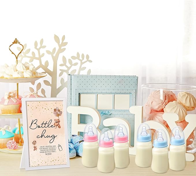 Roowest Bottle Chug Baby Shower Game Favors Including Brown Bear Theme Wooden Sign and 18 Pcs Baby Bottles for Gender Reveal Party Supplies