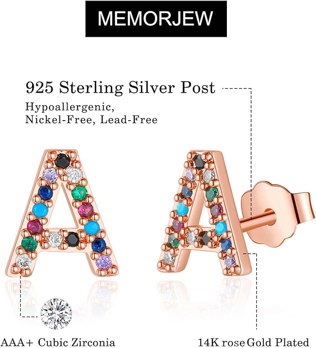 Memorjew Initial Stud Earrings for Women, Hypoallergenic 925 Sterling Silver Post Rainbow Cubic Zirconia Gold Plated 26 Initial Earrings for Women Jewelry Gifts