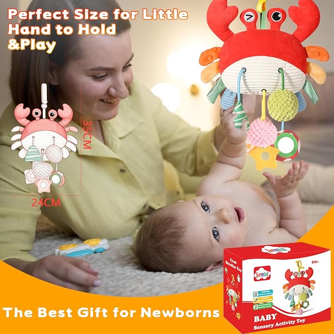 Car Seat Toys for Babies 0-6 Months, Carseat Toys Hanging with Clamp, Mirror, Bell, Rattles, Crinkle, Baby Crab Stroller Toy for Infant Boys & Girls