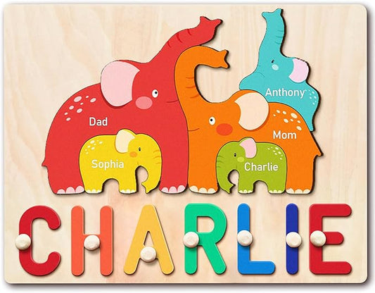 Name Puzzles for Toddlers 1-3, Personalized Name Puzzle with Elephant Family Wooden Puzzle for Toddlers 1-3, First Birthday Gifts for Boys Girls, Personalized Gifts for Mom Dad Kids, Baby Learning Toy