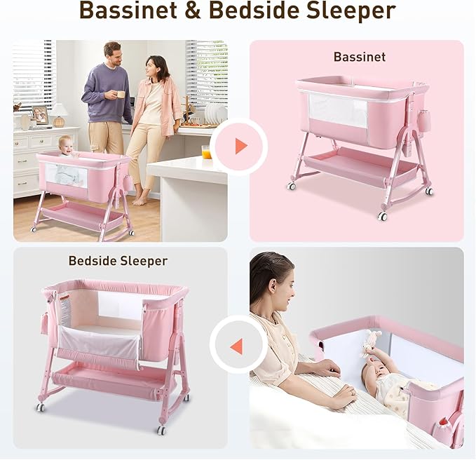 4 in 1 Bedside Bassinet for Baby, Portable Baby Bassinet with Wheels, Baby Crib with Changing Station, Mattress Included and Storage, Foldable Travel Bassinet for Baby/Infant/Newborn-Pink