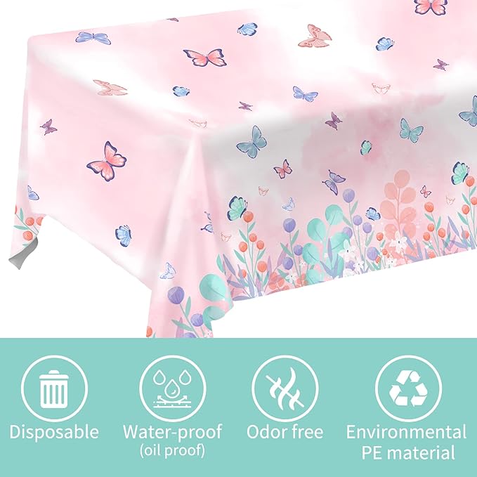 Butterfly Disposable Tablecloth, Plastic Table Cover for Kid’s Birthday Party, 3 PCS, 54”x 108”