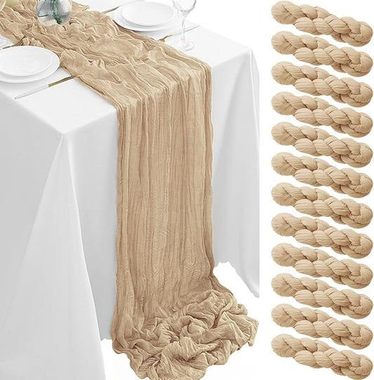 12Pack Beige Table Runner 35 x 120 inch Cheesecloth Table Runner 10FT Boho Table Runners Rustic Gauze Cheese Cloth Table Runners for Party Wedding Birthday Dining Bridal Shower Baby Shower Decor