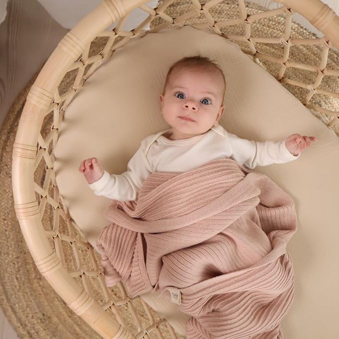 Knitted Organic Cotton Baby Blanket- Swaddle Blanket, 30" x 40" Soft Receiving Blanket for Newborn 2-Pack (Soft White and Blush)
