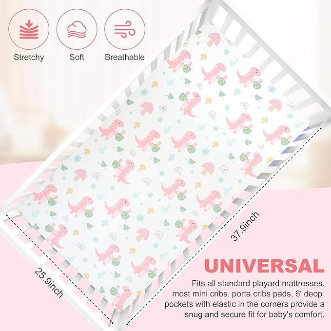 Pack n Play Flat Sheet 2 Piece Mini Crib Sheet Elastic Playard Sheet Set Portable Sheet Set Elastic Convertible Playmat Compatible Graco Pack n Play (Owl and Tree Bag) (Dinosaur Egg)