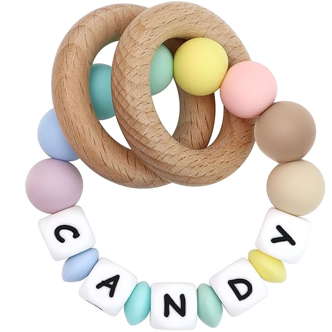 Personalized Teether Rattle Toy with Name,Custom Name Teething Ring for Boys Girls Baby Gift