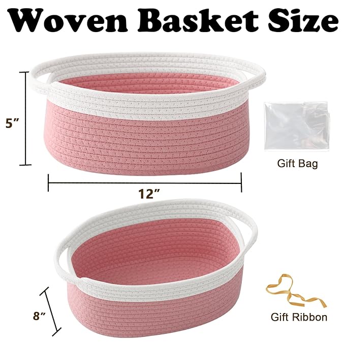 Gift Basket with Gift Bag and Ribbons,Small Rope Woven Shelf Storage,Baskets for Gifts Empty,Birthday,Shower,Decorative Organizer Box for Cat Dog Pet with Handles(White&Pink)