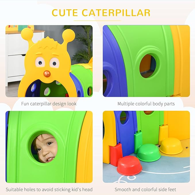 Qaba Caterpillar Tunnel, Toddler Tunnel for Kids Crawl and Climb Through, Kids' Play Structure Indoor Outdoor, 4 Sections, Multicolored