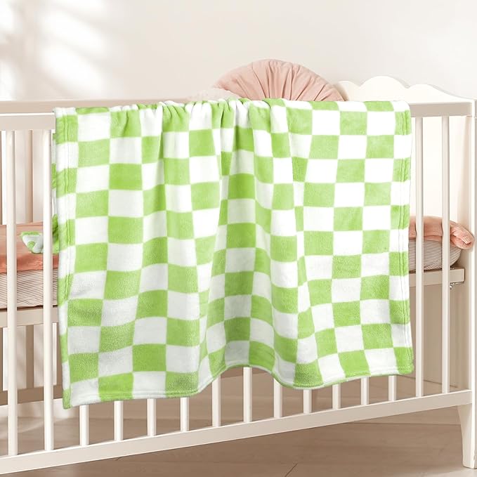 Plush Checkered Baby Blanket for Boys Girls Nursery, 30"*40" Warm Short Fleece Blanket Neutral for Infant Newborn, Small Fuzzy for Sleeping, Chenille or Stroller (Wine Green&White)