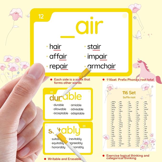 WJPC 116 Set Phonics Suffix Words Flash Cards,Phonic Sigh Words Flash Cards for 7,8,9,10,11,12 Years 2nd, 3rd, 4th, 5th Grade Boys&Girls&Kids Learning Writing Reading