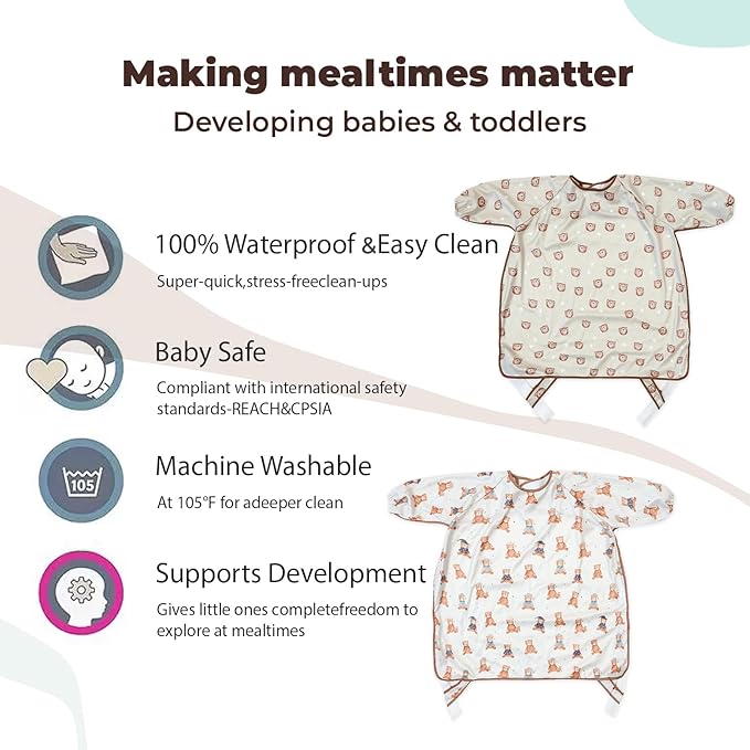 Long Sleeve Baby Bib-Mess Proof Baby Feeding Bibs with Adjustable Design for Babies during Eating or Highchair