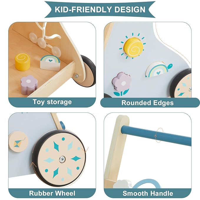 Beright Wooden Baby Walker, Baby Push Walker, Weather Theme, Learning Activity Center for Boys and Girls, Sit-to-Stand Push Toys, Upgraded