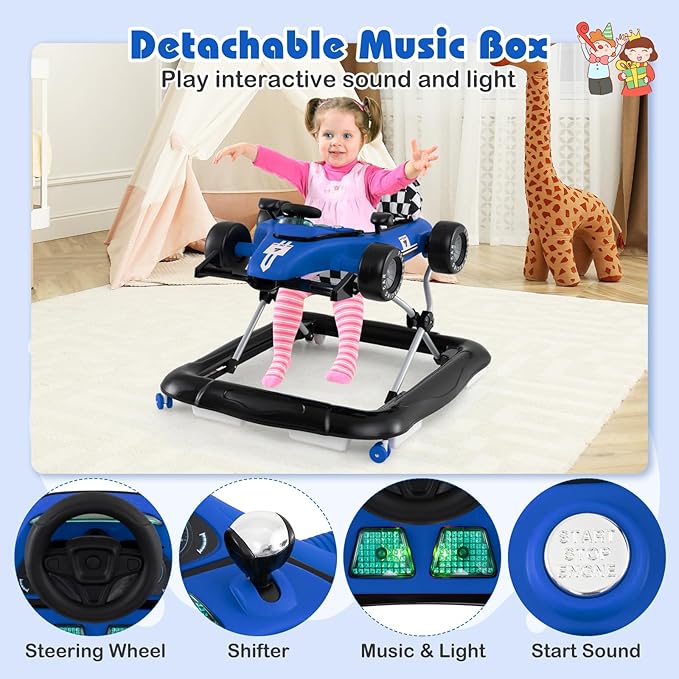 BABY JOY 4-in-1 Baby Walker, Foldable Activity Walker with Push Mode, Adjustable Height, Lights, Anti-Rollover, Baby Walker with Wheels for Boys Girls 6-18 Months (Blue)