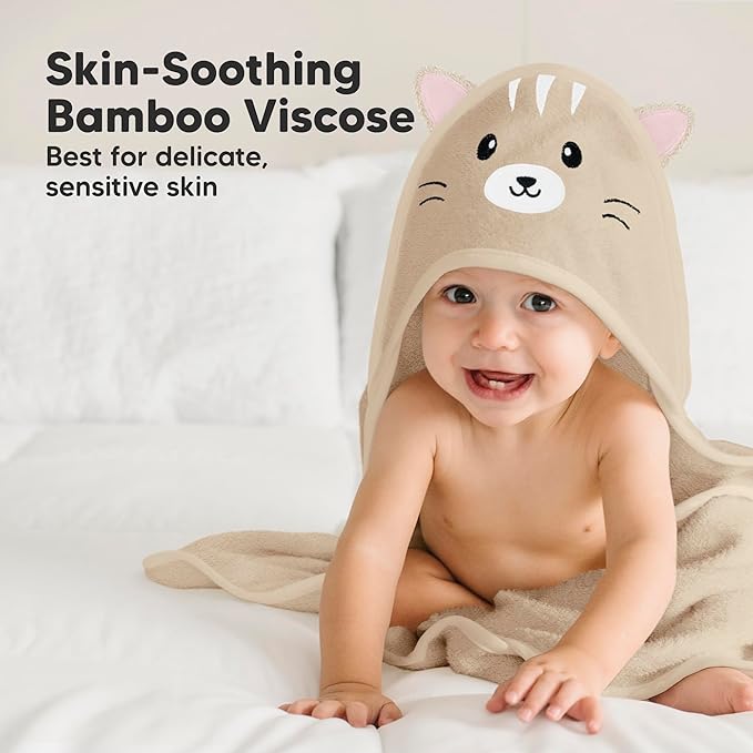 KeaBabies Hooded Baby Towel for Newborn - Viscose Derived from Bamboo Large Baby Bath Towels with Hood for Boys, Girls, Toddler, Extra Absorbent & Soft Newborn Bath Essentials (Cat)