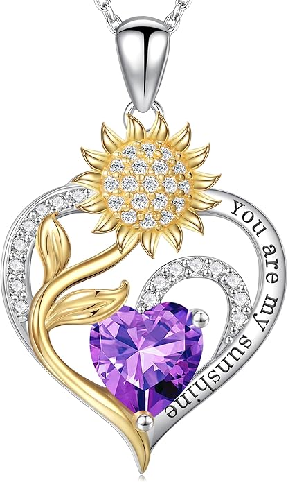 Iefil Sunflower Gifts for Women - Sunflower Necklace Heart Pendant Birthstone Necklace for Women Anniversary Birthday Gifts for Wife You Are My Sunshine 925 Sterling Silver Jewelry for Wife Mom