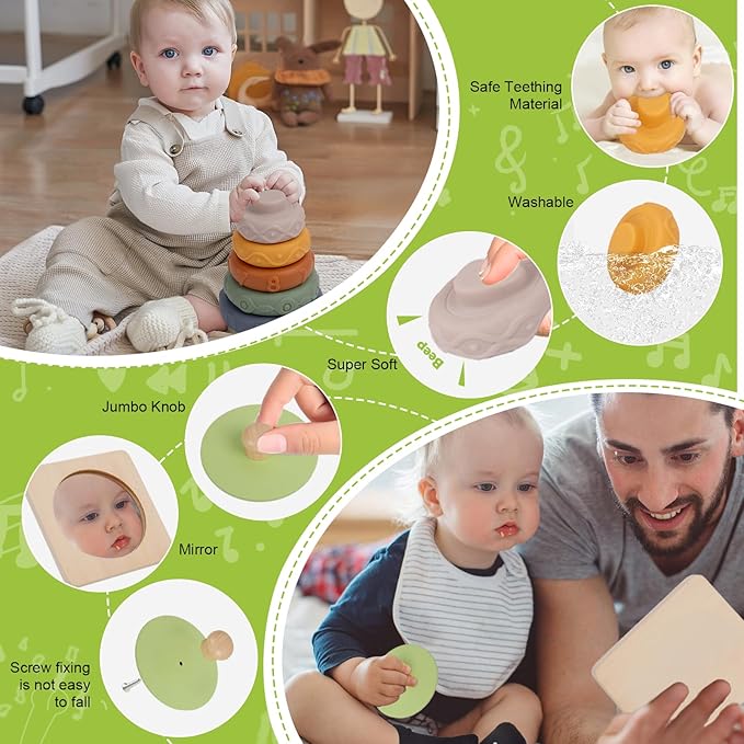 Adena Montessori Play Kit for 7-12 Month Baby,6 in 1 Learning Educational Brain Development Toys for Toddler Includ First Puzzle,Ball Drop Box,Stacking Pegs,First Blocks,Wooden Moving Car,Hand Puppet